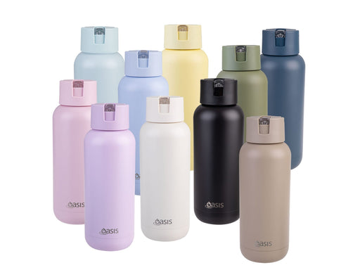 Oasis Moda 1L Vacuum Bottle - A drink bottle collection featuring various colours, including pastel blue, yellow, green, pink, white, black, and beige. Each has a logo.