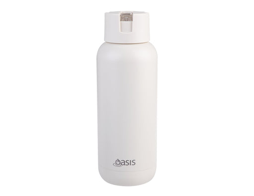 Oasis Moda 1L Vacuum Bottle - A drink bottle in a sleek white design, featuring a lid and a logo on the front.