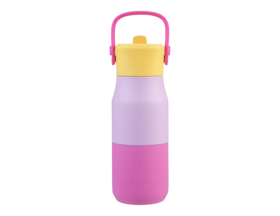 Oasis 400ml Insulated "JNR" Sipper Bottle - A drink bottle in purple, pink, and yellow, featuring a handle and a logo on the front.