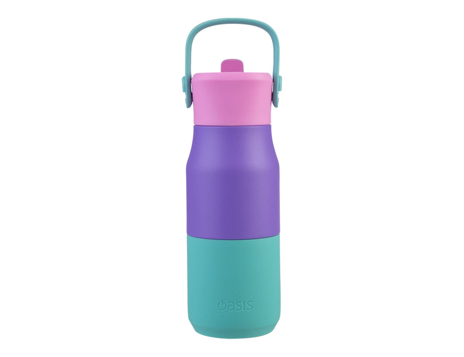 Oasis 400ml Insulated "JNR" Sipper Bottle - A drink bottle featuring a purple body, pink lid, and aqua base, with a handle and a logo.