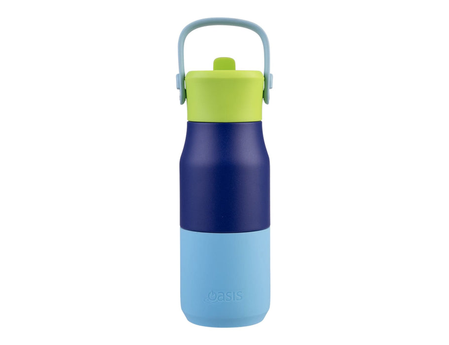 Oasis 400ml Insulated "JNR" Sipper Bottle - A drink bottle with a navy blue, light blue, and lime green design. It features a handle and a logo.