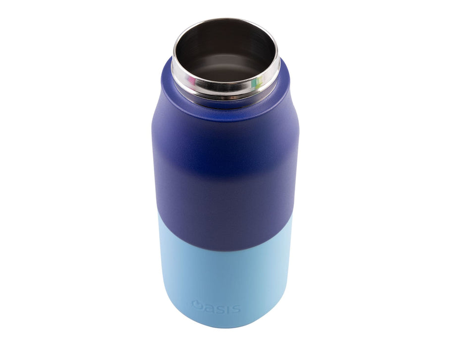 Oasis 400ml Insulated "JNR" Sipper Bottle - A drink bottle featuring a two-tone design with a navy upper and light blue lower section, complete with a logo.