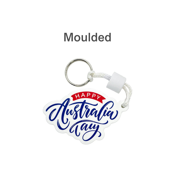 Full Colour Custom EVA Floating Keychain - A custom EVA floating keychain in white with blue and red text, featuring a round metal keyring.