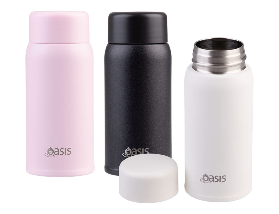 Oasis 150ml Insulated "Mini Mini" Drink Bottle - A drink bottle set featuring insulated mini bottles in pink, black, and white, each with a silver stainless steel interior and a logo.
