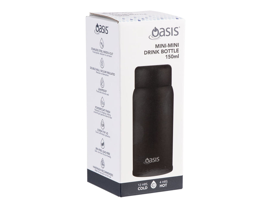 Oasis 150ml Insulated "Mini Mini" Drink Bottle - A drink bottle in black with a stainless steel finish, featuring a logo and packaged in a cardboard box.