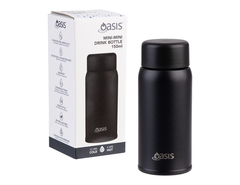 Oasis 150ml Insulated "Mini Mini" Drink Bottle - A drink bottle in matte black with a lid, featuring a branded logo, displayed beside its packaging.