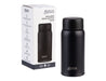 Oasis 150ml Insulated "Mini Mini" Drink Bottle - A drink bottle in matte black with a lid, featuring a branded logo, displayed beside its packaging.