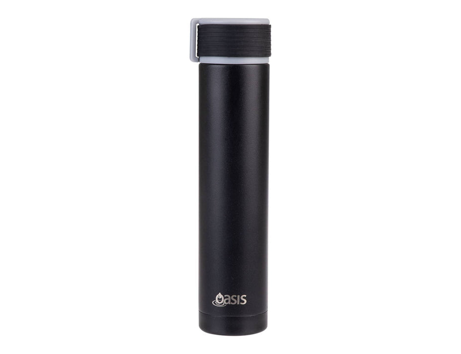 Oasis 250ml Insulated "Skinny Mini" Drink Bottle - A drink bottle in a sleek black finish with a grey cap and a small logo on the bottom.