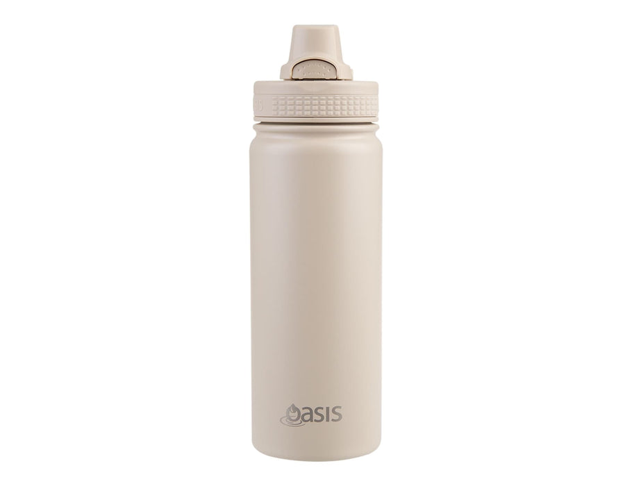 Oasis Challenger 550ml Vacuum Quick Release Cap Bottle - A drink bottle in beige with a quick release cap, featuring a logo on the side.