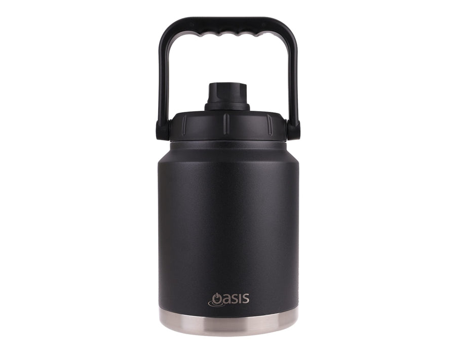 Oasis 2.1L Vacuum Carry Handle Jug - A drink bottle in black with a stainless steel base and a sturdy carry handle on top. It features a branding logo.