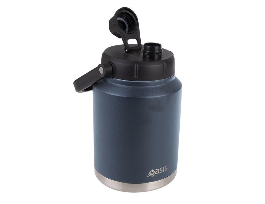 Oasis 2.1L Vacuum Carry Handle Jug - A drink bottle with a dark blue body and stainless steel base, featuring a black carry handle and lid.