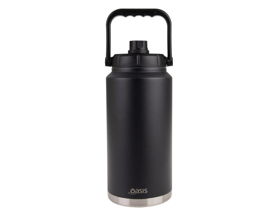 Oasis 3.8L Vacuum Carry Handle Jug - A drink bottle with a black exterior and stainless steel base, featuring a carry handle and a black lid.