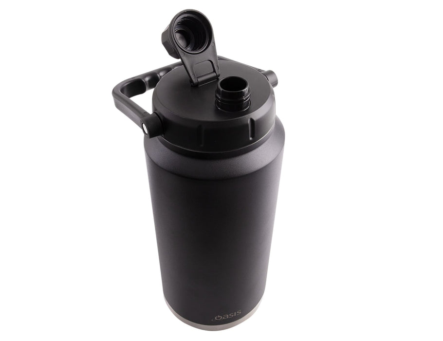 Oasis 3.8L Vacuum Carry Handle Jug - A drink bottle in matte black with a vacuum-insulated design and a carry handle. It features a screw-on lid and spout.