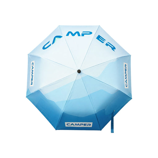 Anti-rebound Folding Umbrella - An anti-rebound folding umbrella in shades of blue with a logo and a curved design.