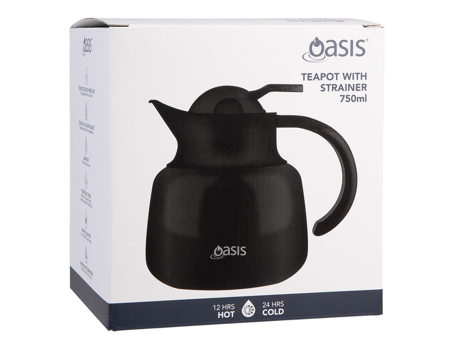 Oasis 750ml Insulated Teapot with Strainer - A teapot with strainer in black, holding 750ml, featuring a stylish design and a logo.