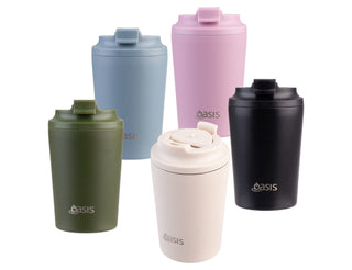 Oasis Ceramic Lined 235ml Insulated Coffee Cup - A collection of five insulated coffee cups in various colours: pink, blue, green, black, and cream, featuring a logo.