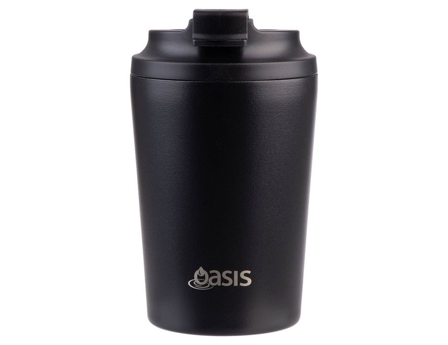 Oasis Ceramic Lined 235ml Insulated Coffee Cup - A black insulated coffee cup with a ceramic lining, featuring a lid and a small logo.