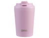 Oasis Ceramic Lined 235ml Insulated Coffee Cup - A ceramic-lined insulated coffee cup in light pink, featuring a secure lid and a branding logo.