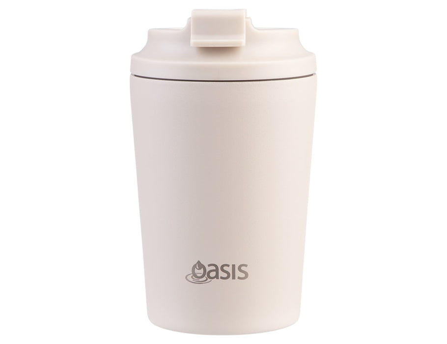Oasis Ceramic Lined 235ml Insulated Coffee Cup - A ceramic-lined insulated coffee cup in soft cream colour, featuring a logo on the side and a secure lid.