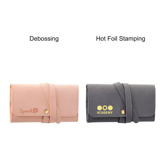 Synthetic Leather Jewellery Bag - A synthetic leather jewellery bag in pink and grey, featuring a logo and a clasp closure.