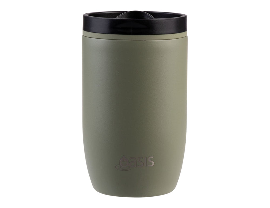 Oasis 300ml Insulated Leakproof Travel Cup - A drink bottle featuring a matte olive green finish with a black lid and a logo. Insulated and leakproof design.