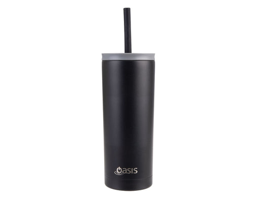 Oasis Super Sipper 600ml Vacuum Tumbler - A drink bottle featuring a sleek black design, with a straw and a branding logo at the base.