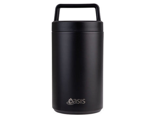 Oasis 700ml Vacuum Food Flask with Spoon - A drink bottle with a sleek black exterior, featuring a handle and an attached spoon. Branding is present.