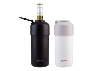 Oasis Insulated Stainless Steel Wine Cooler - A drink bottle in black and white with a lid, designed to hold a wine bottle. The product features a logo.