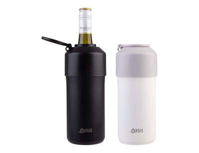 Oasis Insulated Stainless Steel Wine Cooler - A drink bottle in black and white with a lid, designed to hold a wine bottle. The product features a logo.