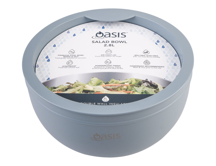 Oasis 2.8L Double Wall Salad Bowl - A salad bowl in soft blue with a double wall design and a logo on the front, featuring a fitted lid.