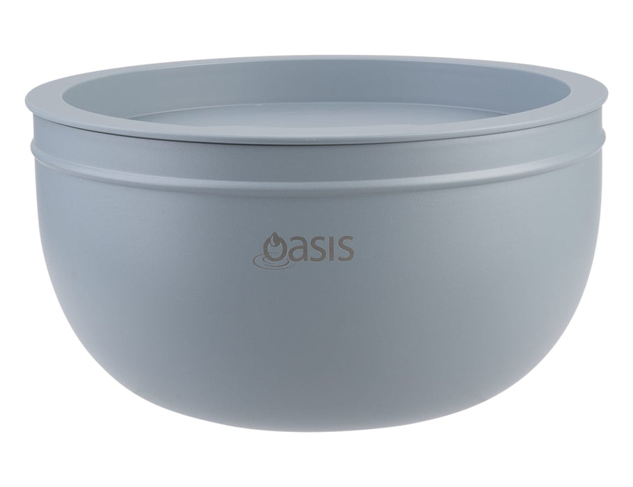 Oasis 2.8L Double Wall Salad Bowl - A double wall salad bowl in light grey, featuring a lid and an Oasis logo.