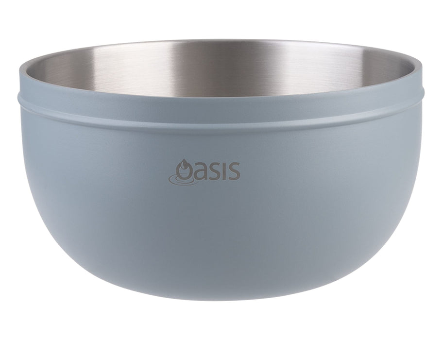 Oasis 2.8L Double Wall Salad Bowl - A double wall salad bowl in light blue with a stainless steel interior and a logo.