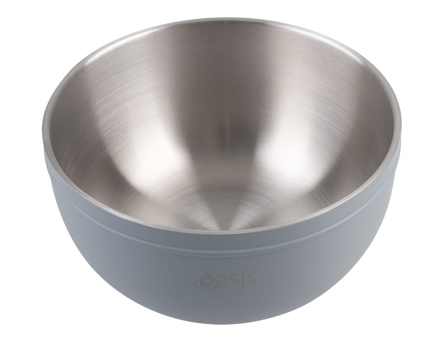 Oasis 2.8L Double Wall Salad Bowl - A double wall salad bowl in light grey with a stainless steel interior, featuring a logo.