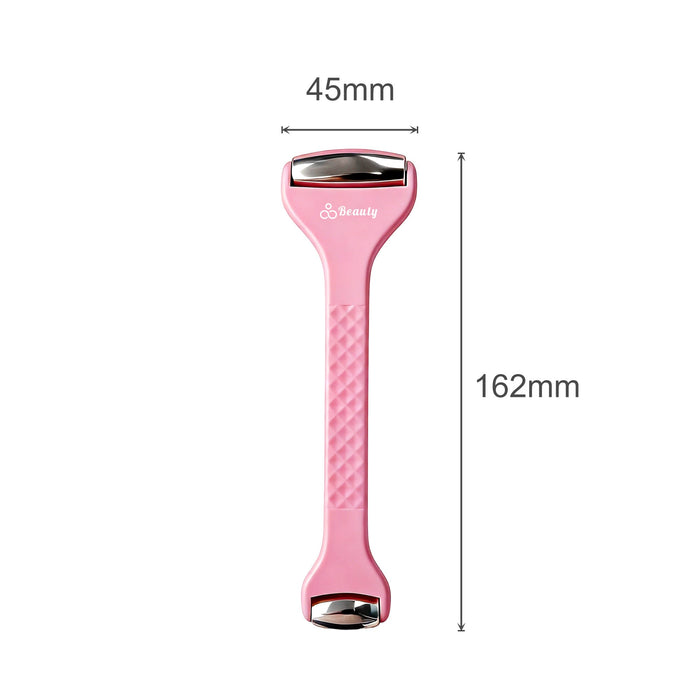 Ice Massager Roller Double Head - A pink ice massager roller with double heads, featuring a textured handle and a logo. Dimensions are 45mm by 162mm.
