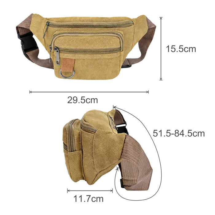 Canvas Waist Bag - A mustard yellow canvas waist bag with multiple zippered pockets and an adjustable strap. Features a logo.