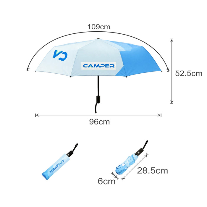Anti-rebound Folding Umbrella - An anti-rebound folding umbrella in blue and white, with dimensions and a logo displayed.