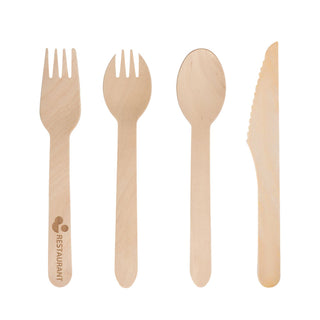 Pack of 100 Per Pack Disposable Wooden Cutlery - (Forks /Spoons/Knives/2 in 1 Spoon and fork)-(Big) - A set of wooden cutlery including forks, spoons, and knives, all in a natural wood colour. The cutlery features a logo.