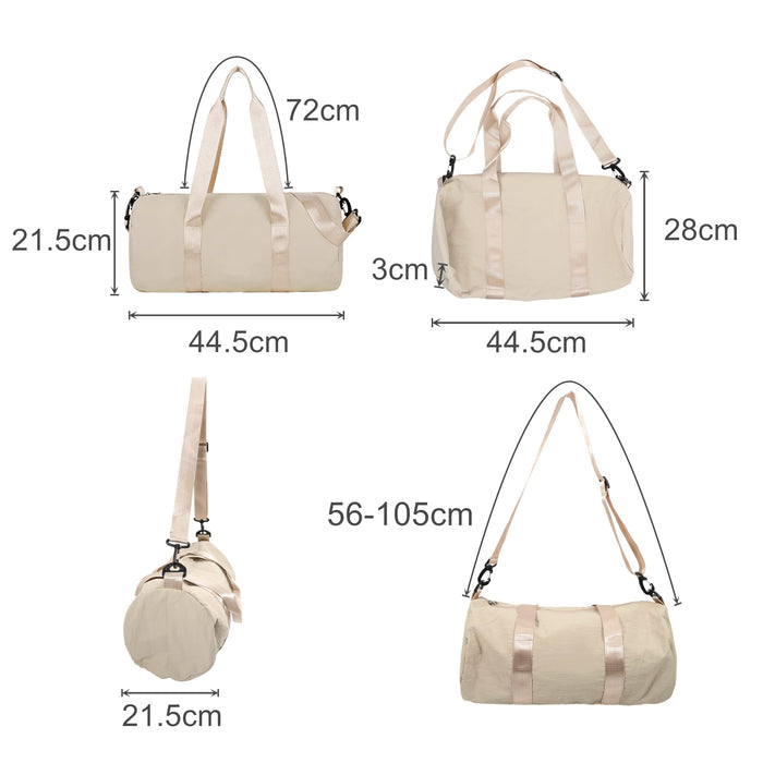 Bucket Duffle Bag With Wide Straps - A beige bucket duffle bag with wide straps, featuring multiple viewing angles and dimensions for size reference.