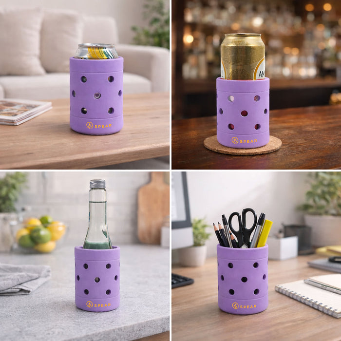 EVA Holes Stubby Holder - A purple EVA Holes Stubby Holder featuring multiple holes, holding a drink can and bottle, and used as a pen holder.