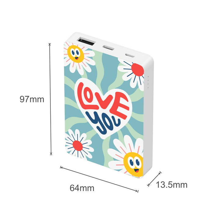5000mah Square Power Bank - A square power bank in white featuring a colourful design with flowers and the phrase "Love You". Dimensions are 97mm x 64mm x 13.5mm.