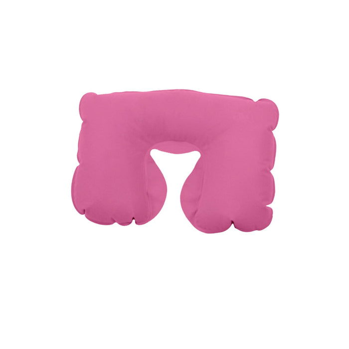 Inflatable travel Pillow - A pink inflatable travel pillow with a contoured shape for neck support, featuring a logo.