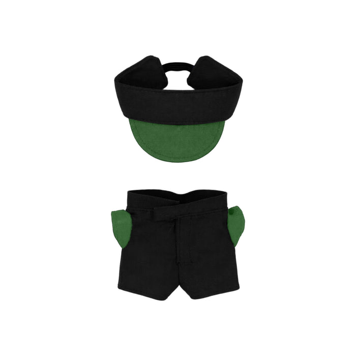 Plush Doll Racing Suit Set (10cm Doll) - A plush doll racing suit set in black with green accents, including a cap and shorts. Features a logo.