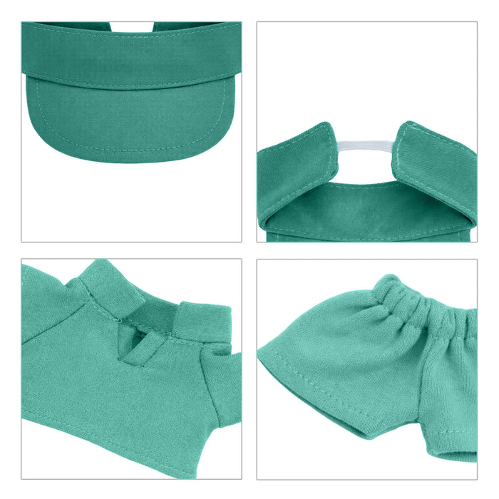 Plush Doll Racing Suit Set (15–17cm Doll) - A teal plush doll racing suit set featuring a visor, top, and pants, designed for 15–17cm dolls.