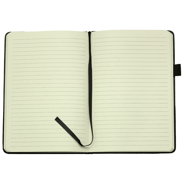 A5 Thermo Notebook w/ Recycled Paper - A black A5 notebook with recycled paper, featuring lined pages and a ribbon bookmark.