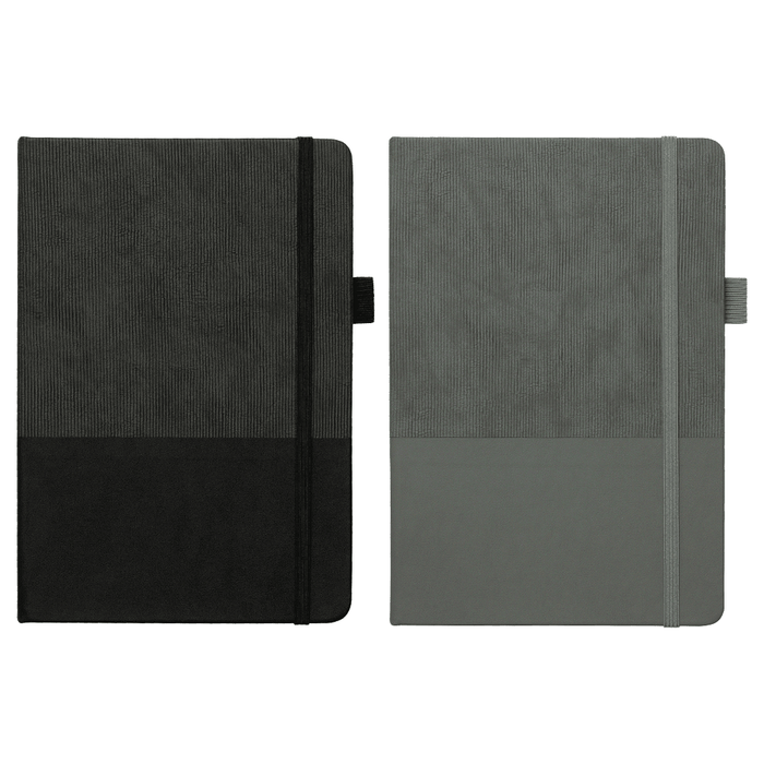 A5 Thermo Notebook w/ Recycled Paper - A5 thermo notebook with a recycled paper cover, featuring a black and grey design, and an elastic band closure.