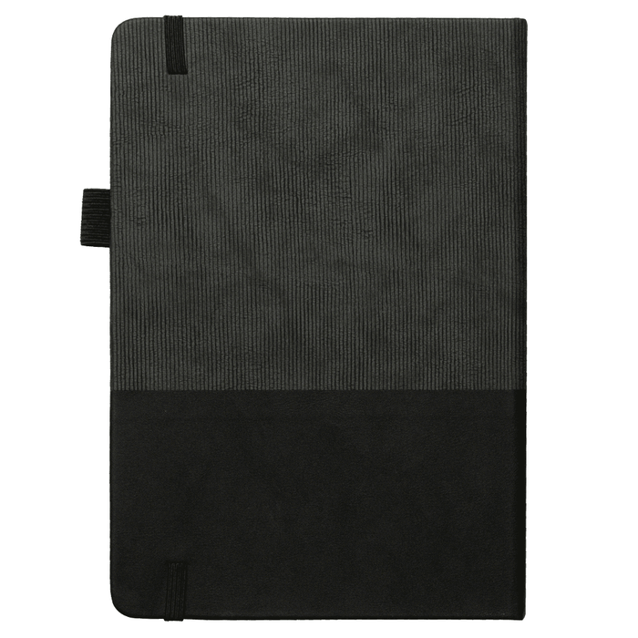 A5 Thermo Notebook w/ Recycled Paper - A5 Thermo Notebook in black with a textured finish, featuring a logo and an elastic band closure.
