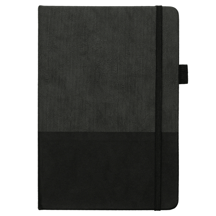 A5 Thermo Notebook w/ Recycled Paper - A5 thermo notebook in black with a textured cover and black elastic band closure, featuring a logo.
