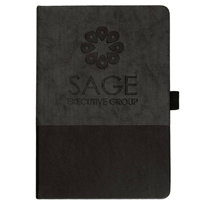 A5 Thermo Notebook w/ Recycled Paper - A5 Thermo Notebook with a textured grey cover and black bottom, featuring a logo on the front.
