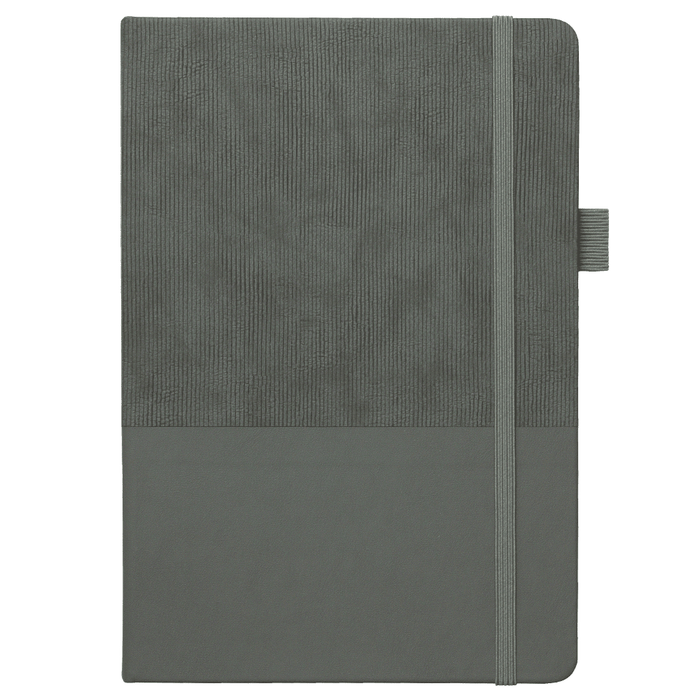 A5 Thermo Notebook w/ Recycled Paper - A5 Thermo Notebook featuring a textured grey cover and a matching elastic closure, made with recycled paper.