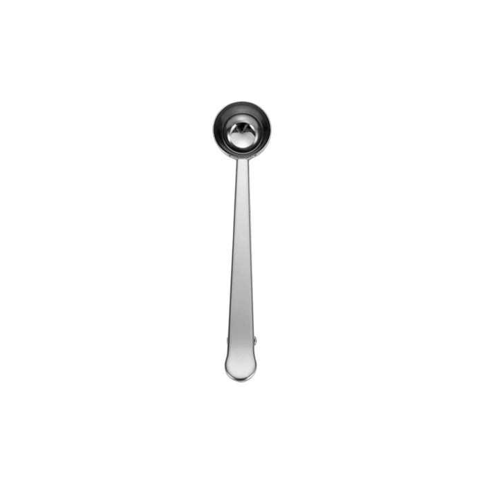 Coffee Measuring Spoon With Clip - A stainless steel coffee measuring spoon with a clip, featuring a sleek design and shiny finish.